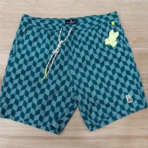 Psycho Bunny Teal Geometric Swim Trunks with Neon Accent